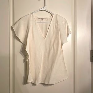 Cream, flutter sleeve, v neck rib textured blouse